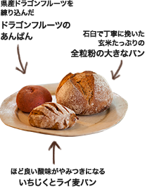 県産ドラゴンフルーツを練り込んだドラゴンフルーツのあんぱん。（左）石臼で丁寧に挽いた玄米たっぷりの全粒粉の大きなパン。（中央）ほど良い酸味がやみつきになるいちじくとライ麦パン。（右）