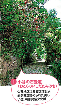 ①小谷の石畳道 佐敷地区にある琉球石灰岩が敷き詰められた美しい道。有形民俗文化財